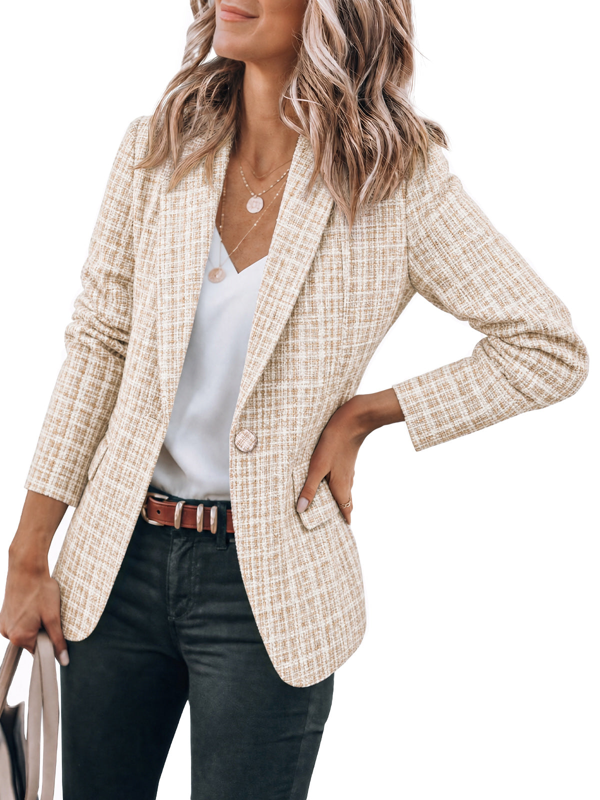 Womens Camel Beige Plaid Tweed Blazer Jacket | CicyBell