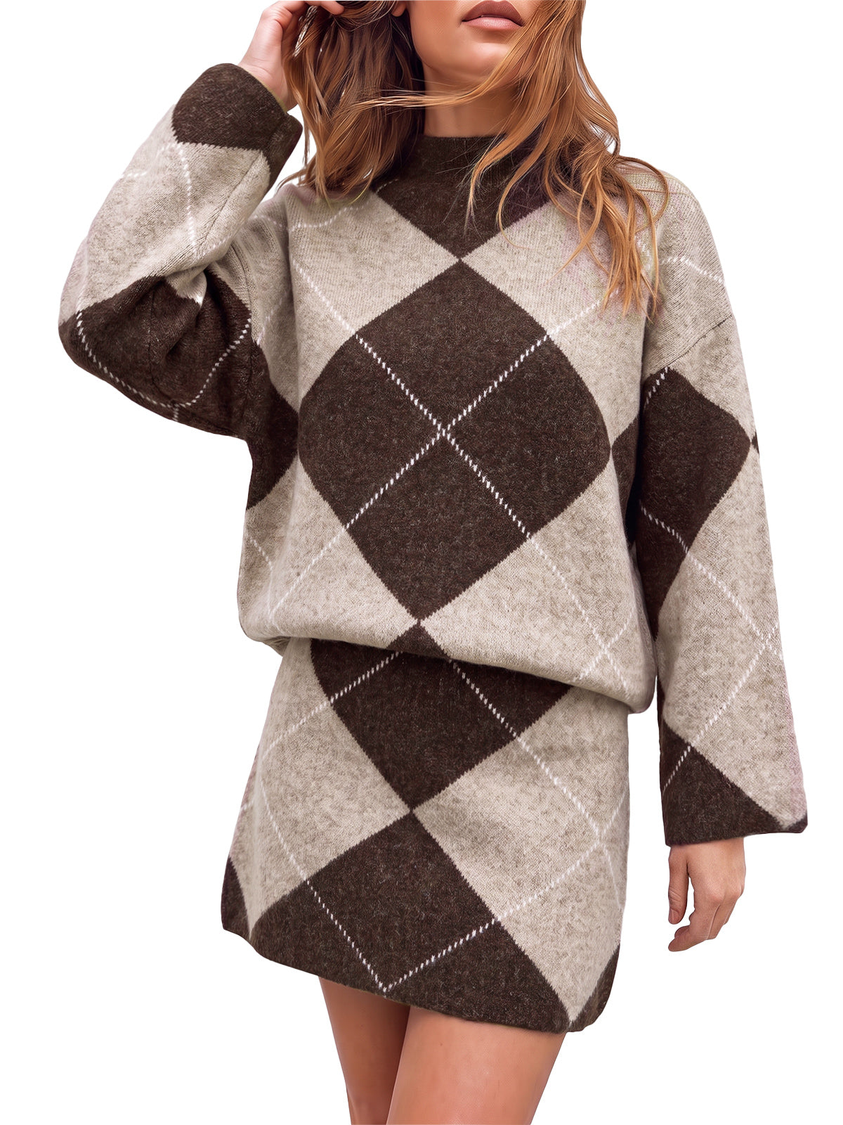Womens Camel Argyle Sweater Mini Skirt Sets| CicyBell