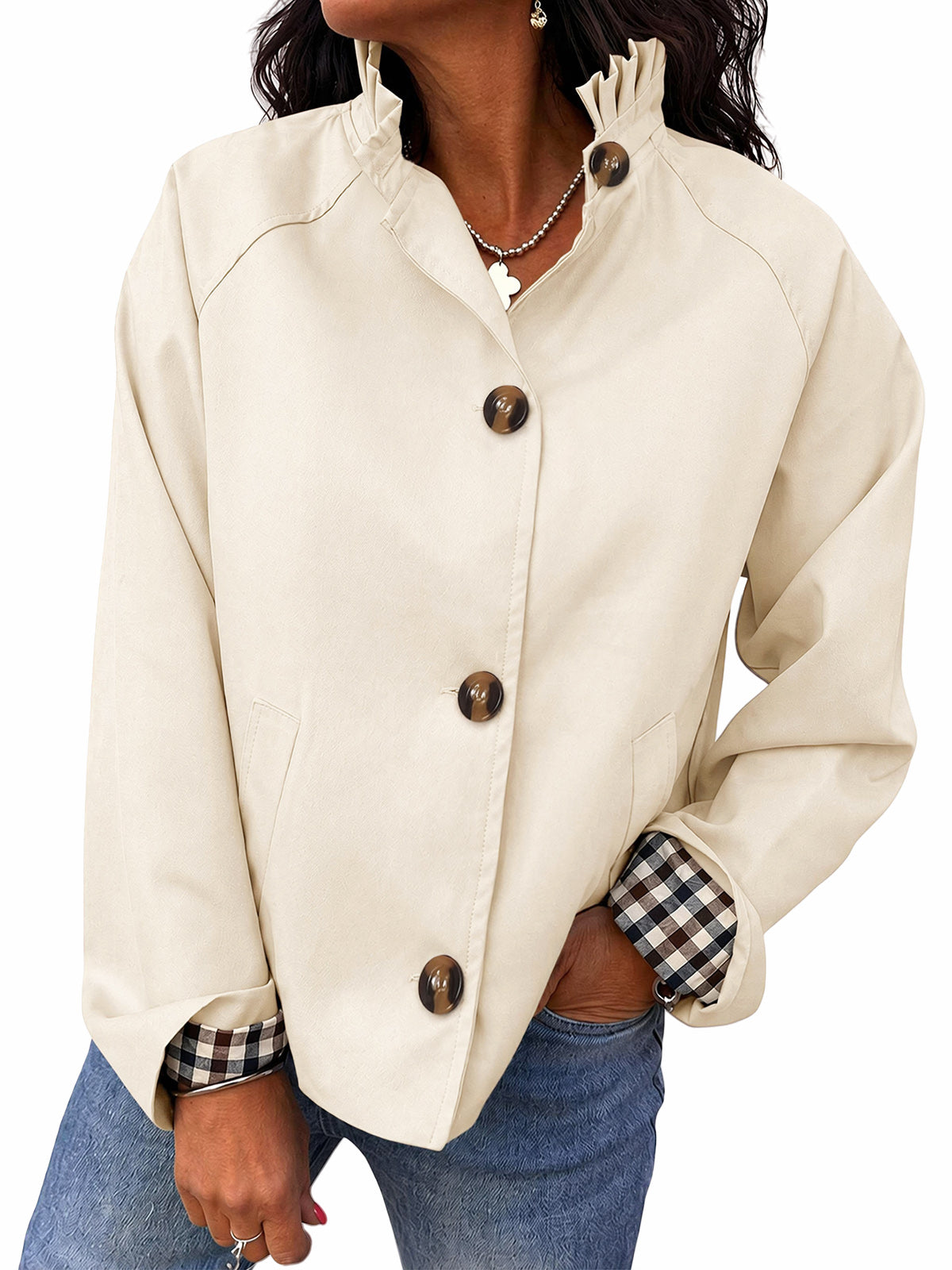 Womens Apricot Ruffle Short Trench Coat | CicyBell