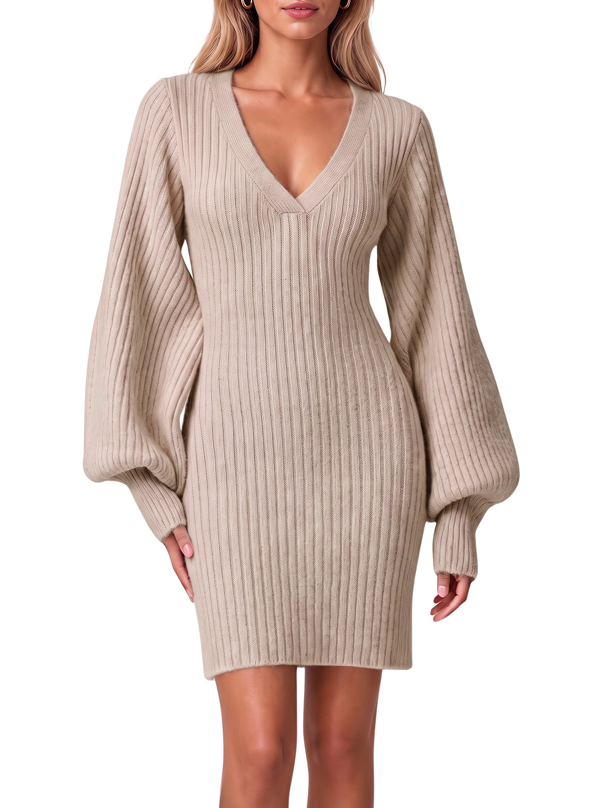 Women Puff Long Sleeve V Neck Knit Pullover Dress | Cicy Bell