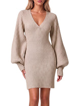 Women Puff Long Sleeve V Neck Knit Pullover Dress | Cicy Bell