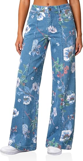 Womens Yellow-blue Wide Leg Jeans | CicyBell