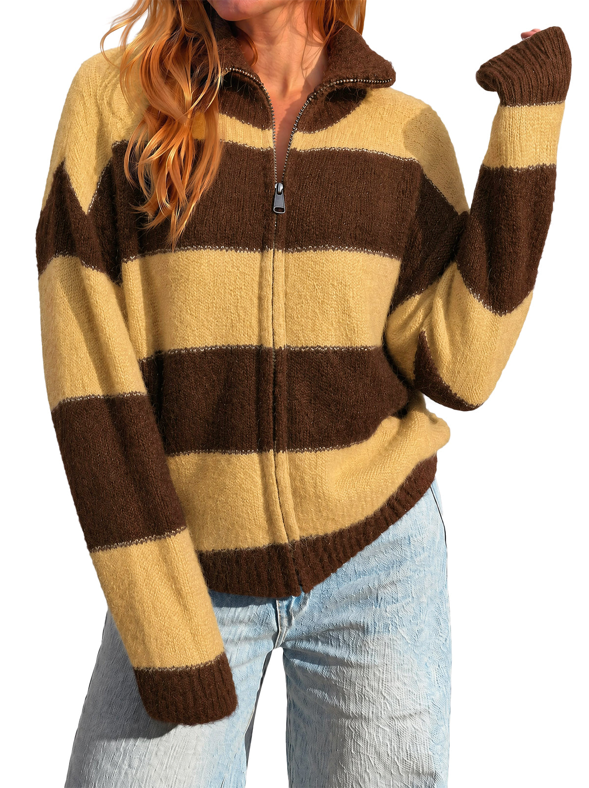 Women Yellow Striped Color Block Cardigan | CicyBell
