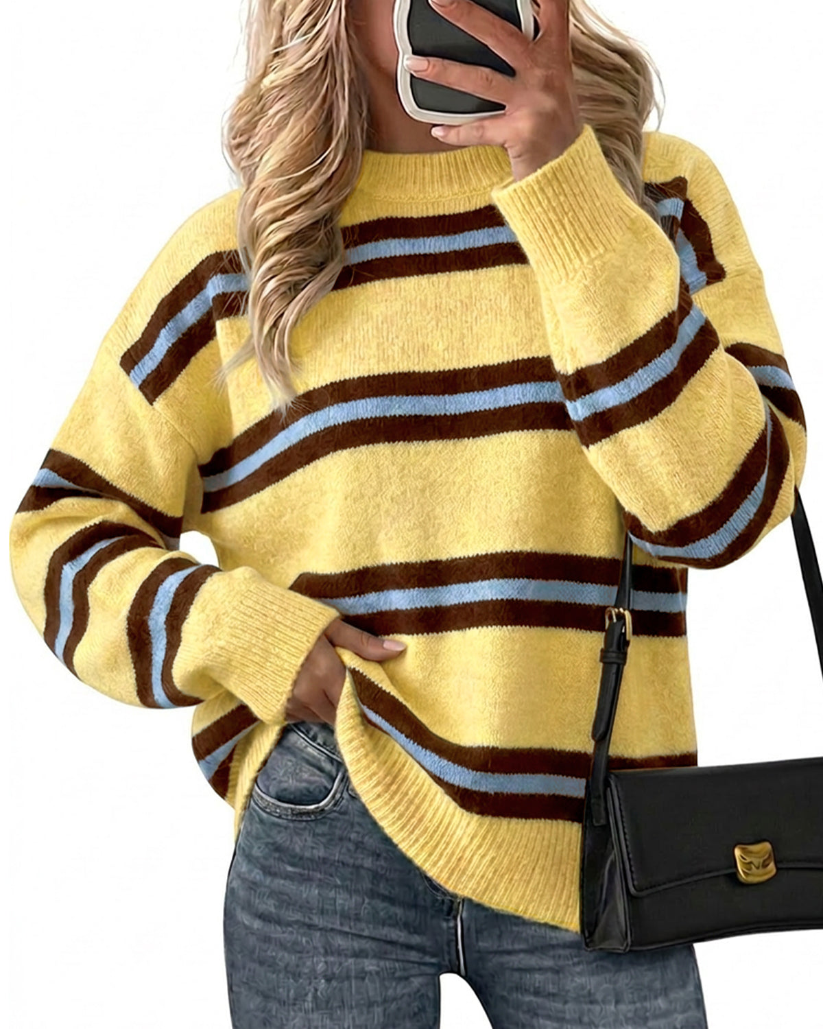 Womens Yellow Striped Pullover Sweater | CicyBell