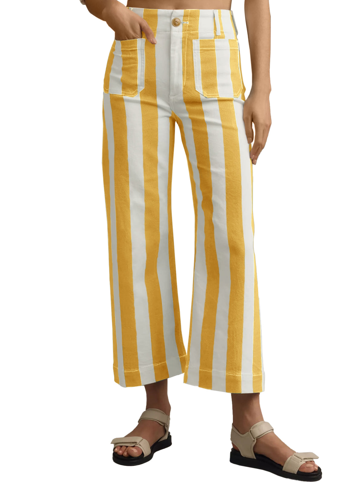 Womens Yellow Striped Wide Leg Jeans | CicyBell