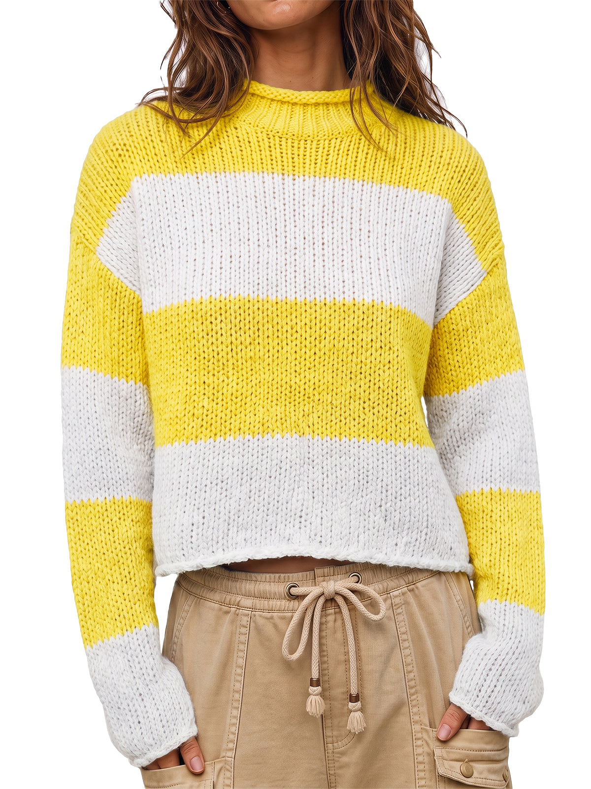 Womens Striped Yellow Mock Neck Sweater | CicyBell