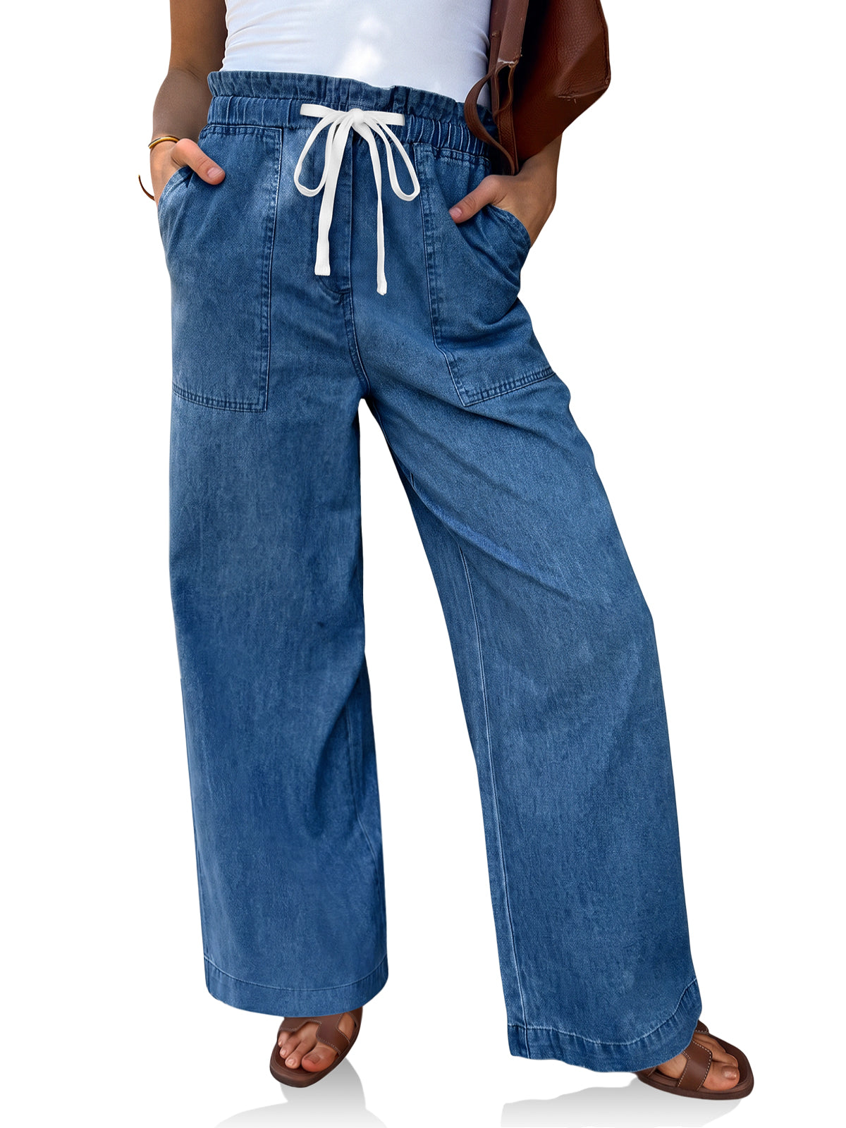 Womens Blue Drawstring Wide Leg Jeans | CicyBell