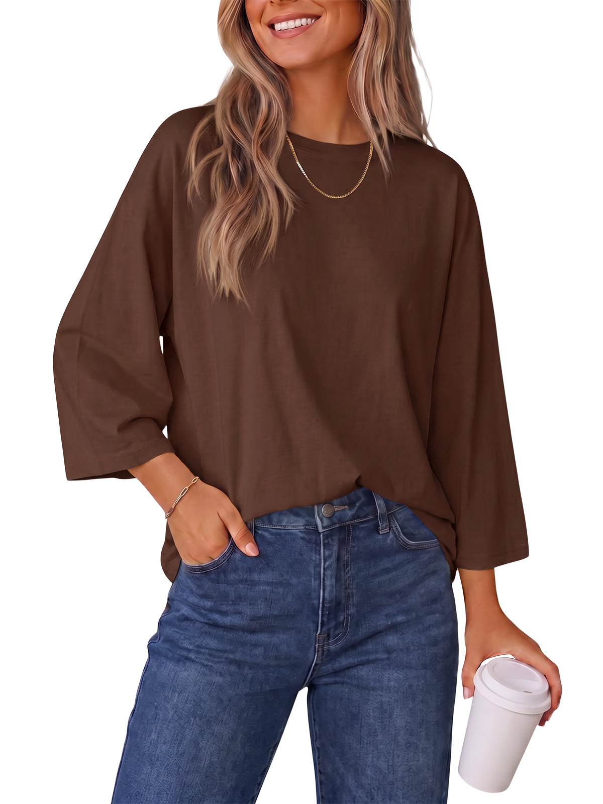 Womens Brown 3/4 Sleeve T Shirts | CicyBell