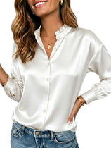 Womens White Ruffle Collar Satin Blouses | CicyBell