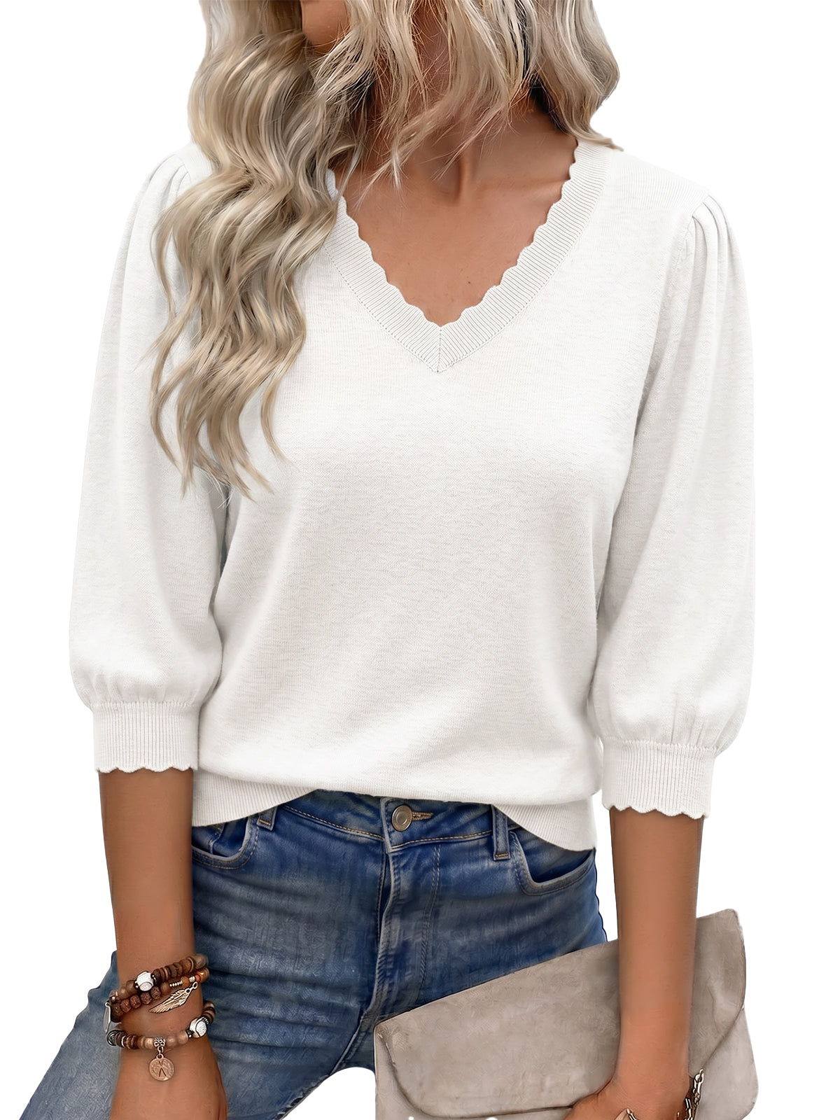 Women White 3/4 Puff Sleeve Sweater Tops| CicyBell