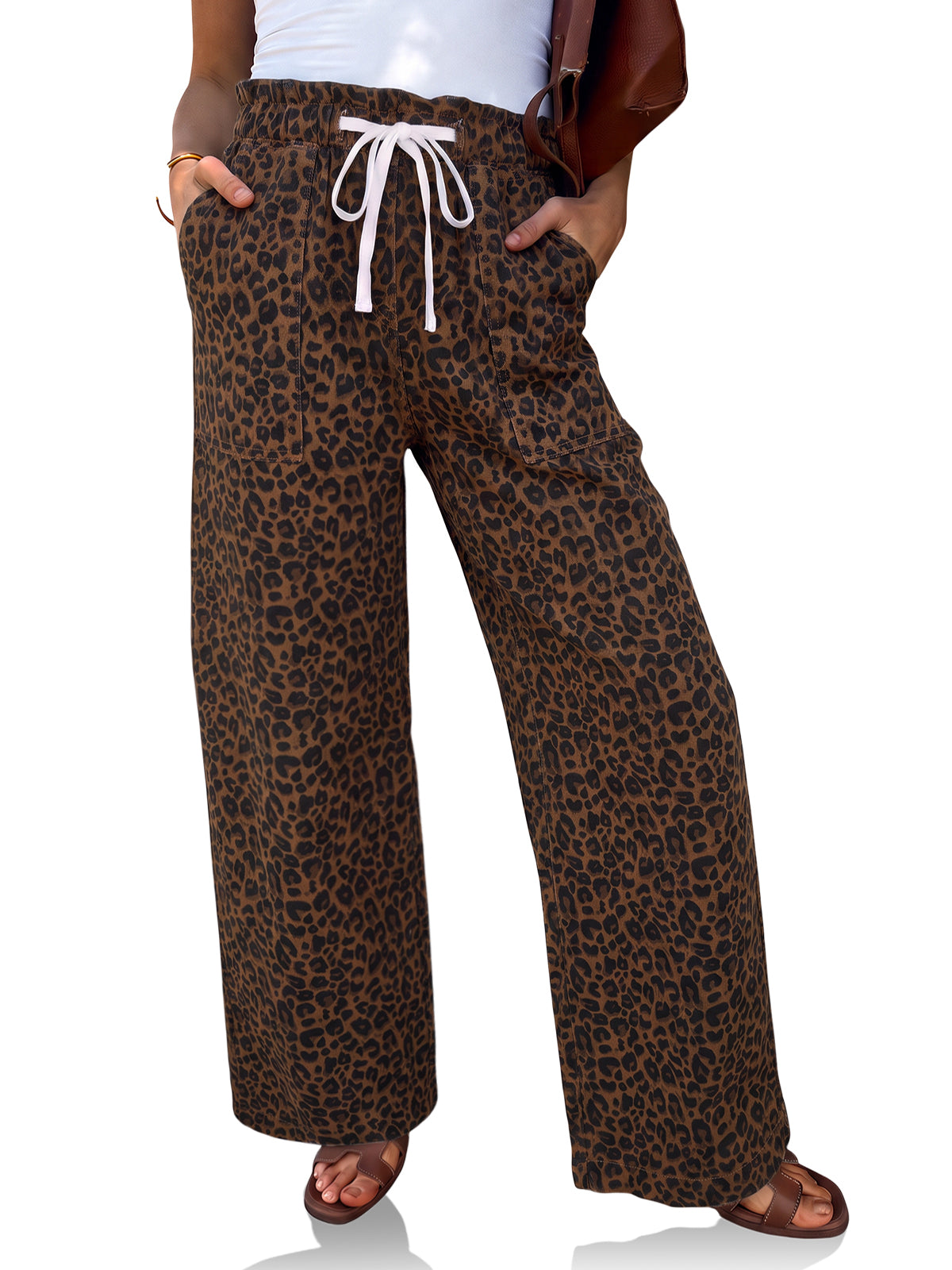 Womens Leopard Drawstring Wide Leg Jeans | CicyBell