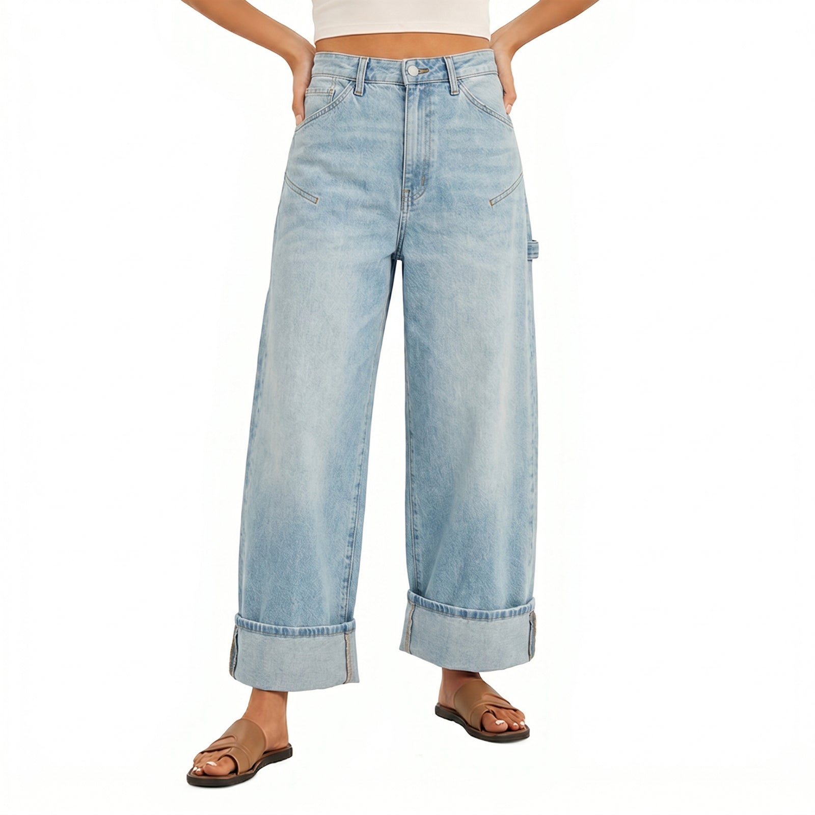 Womens Light Blue Baggy Cuffed Wide Leg Jeans | CicyBell
