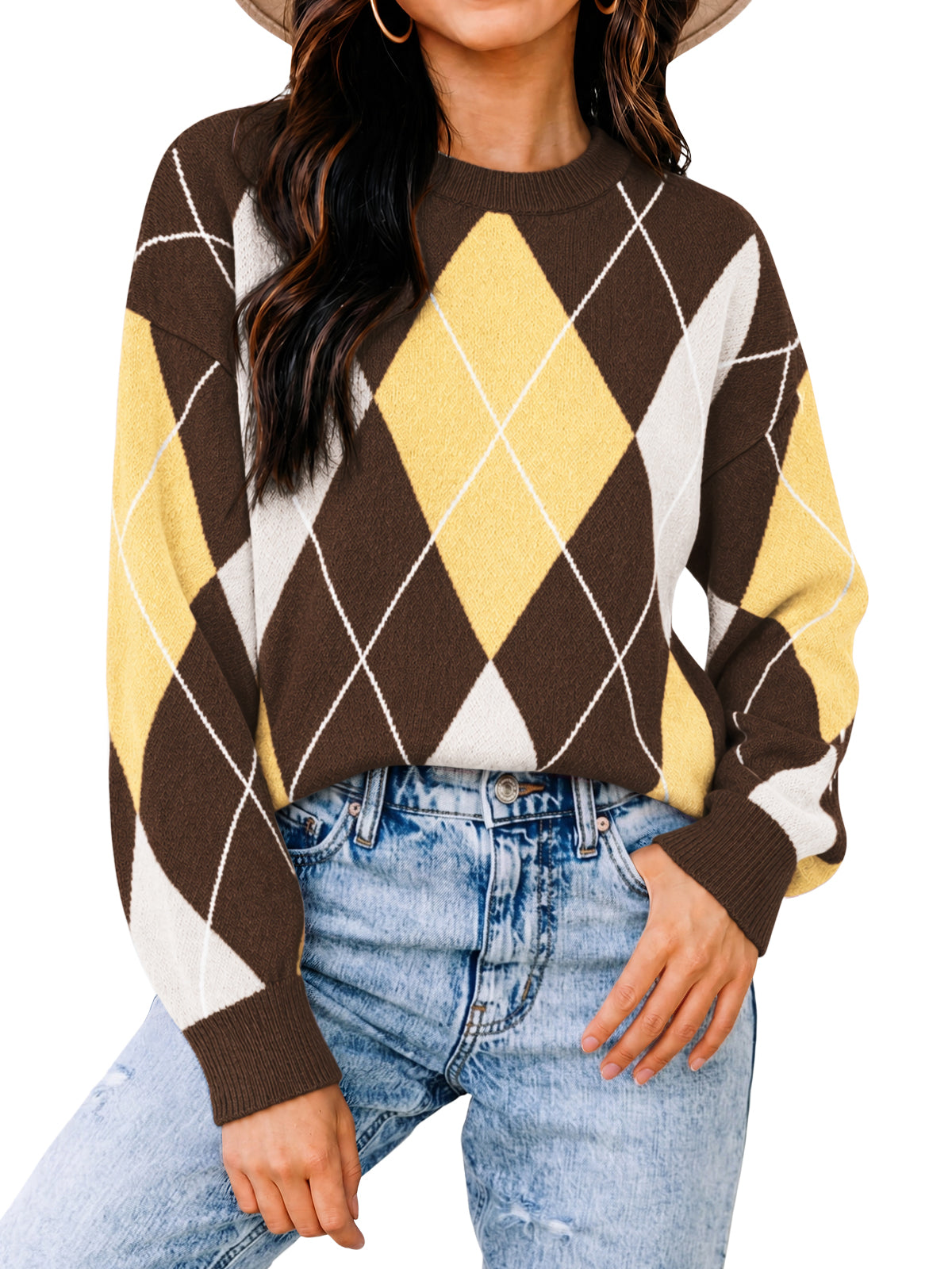 Womens Coffee  Crew Neck Argyle Sweater | CicyBell