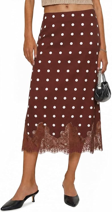 Womens Polka Dot Coffee Silk Satin Midi Skirts | CicyBell