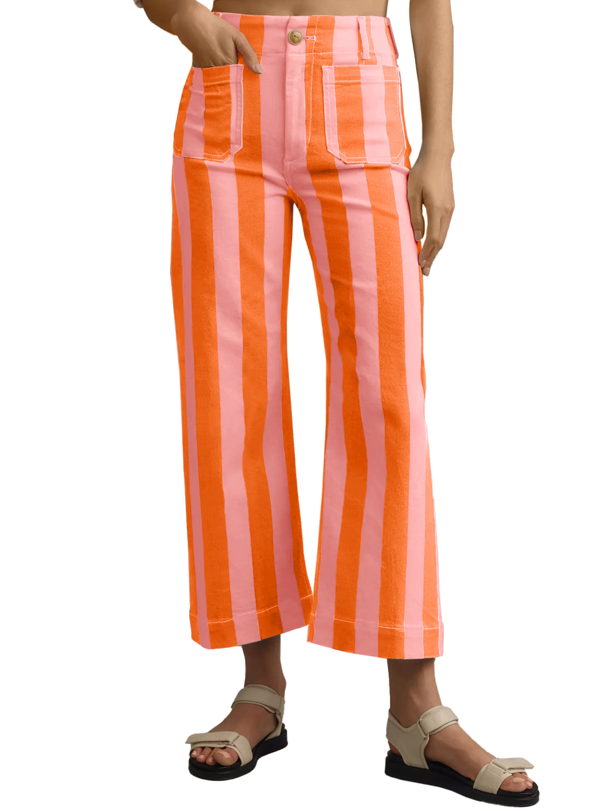 Womens Pinkish orange Striped Wide Leg Jeans | CicyBell
