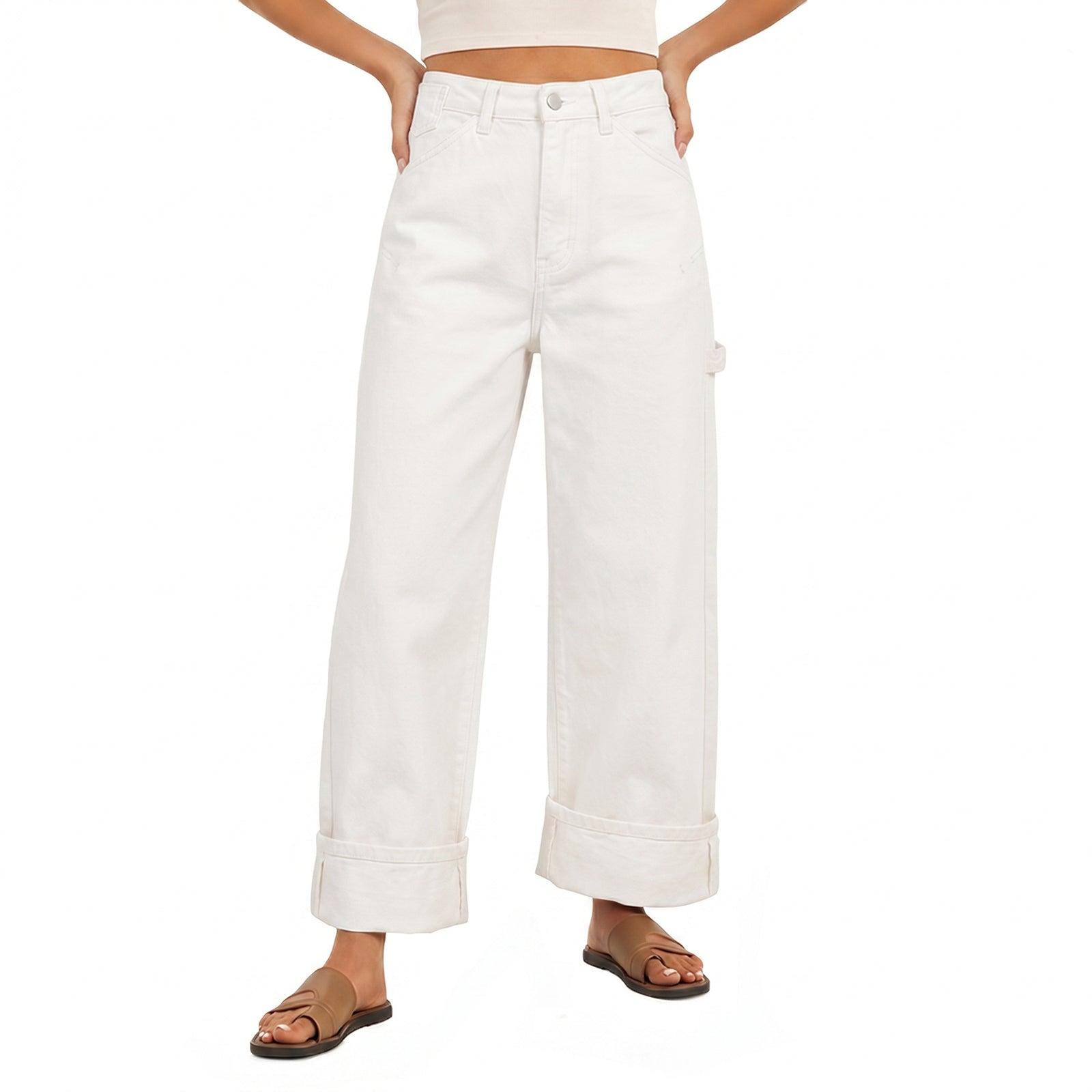 Womens White  Baggy Cuffed Wide Leg Jeans | CicyBell
