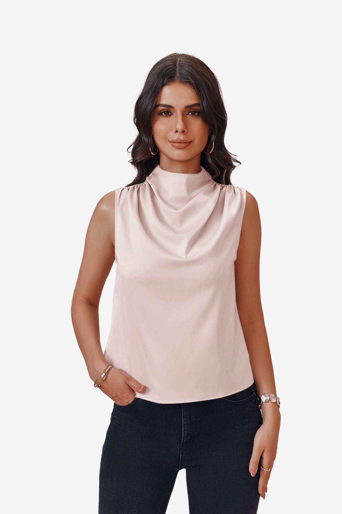 Womens Pink Mock Neck Satin Tank Tops | CicyBell