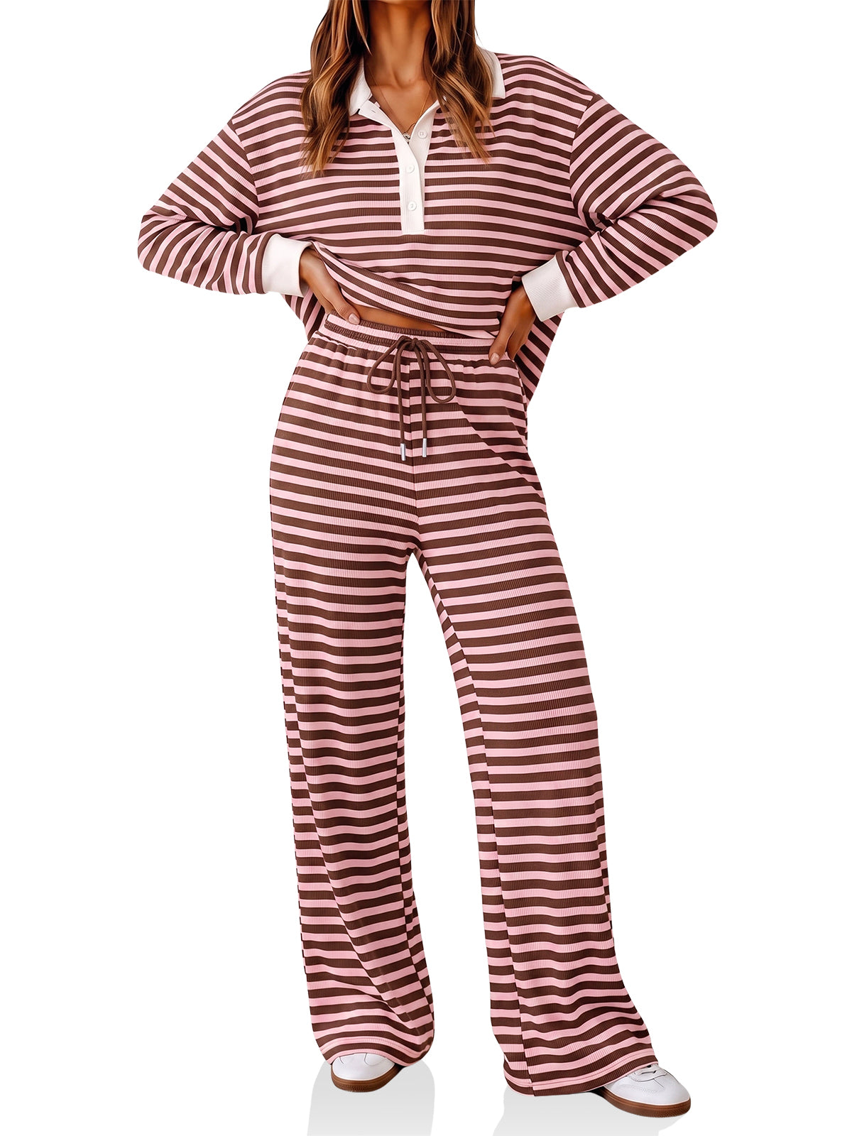 Womens Striped Polo Shirts Wide Leg Pants Sets | Cicy Bell