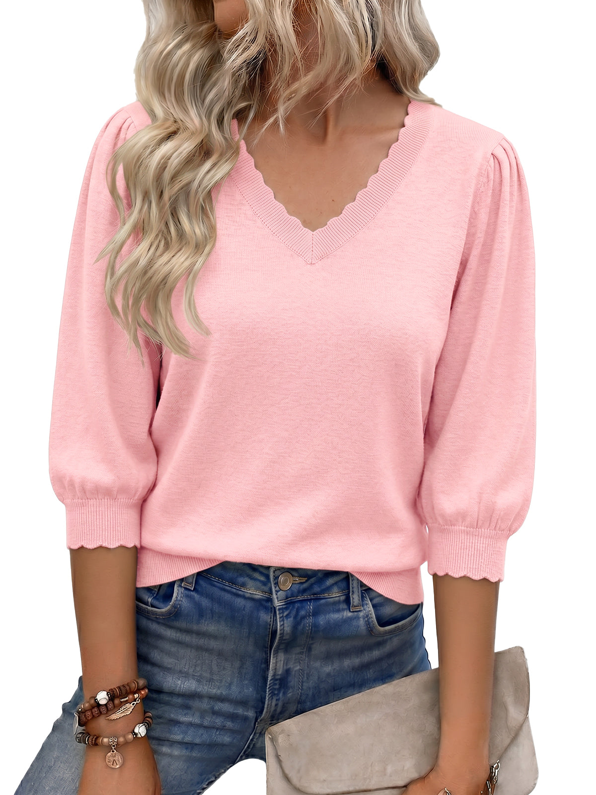 Women Pink  3/4 Puff Sleeve Sweater Tops | CicyBell