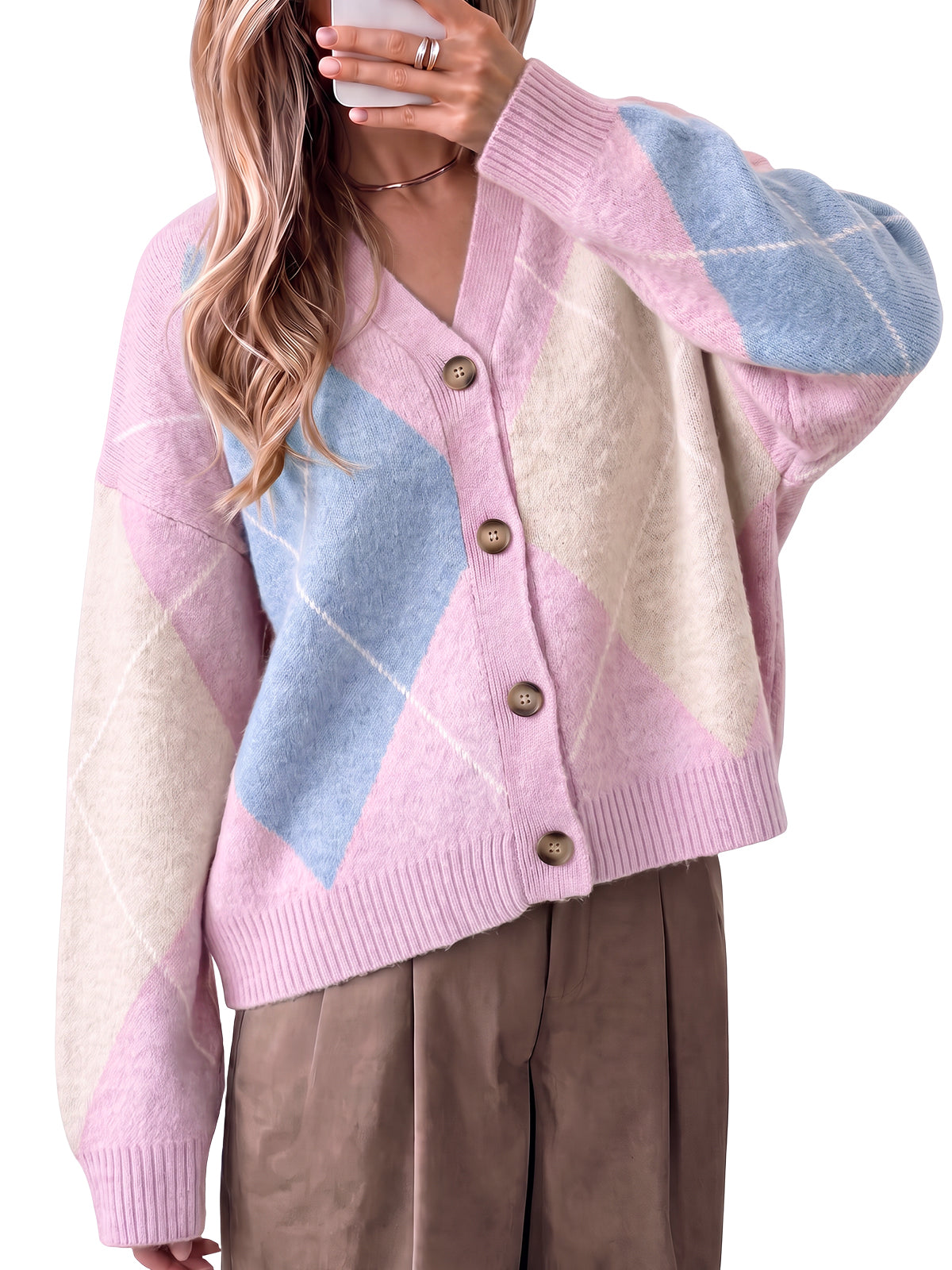 Women Pink Plaid Color Block Cardigan | CicyBell