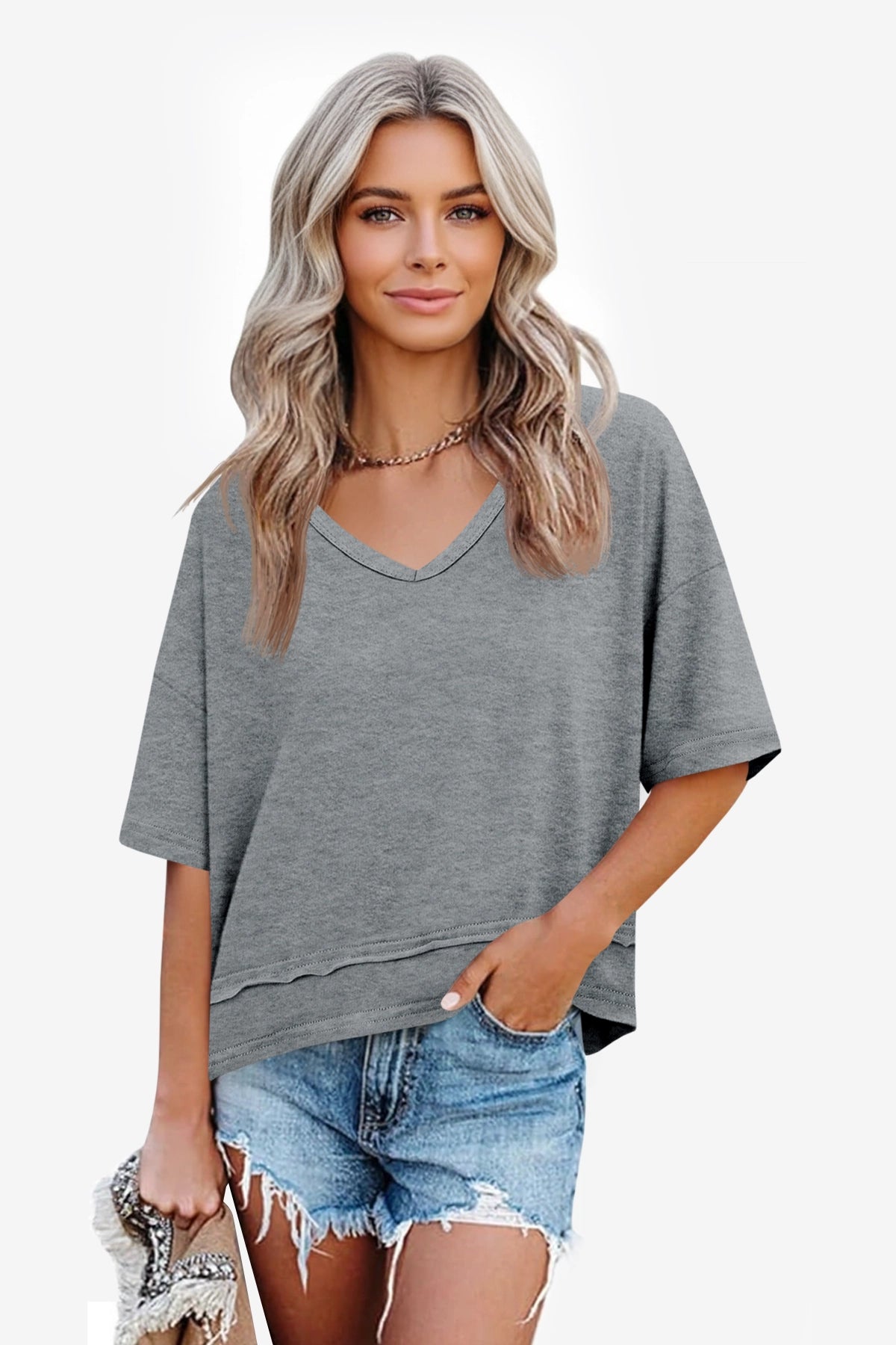 Womens Grey Summer V Neck T Shirts | CicyBell