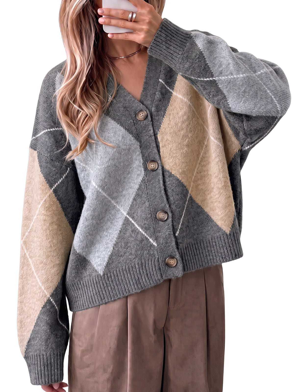 Women Grey Plaid Color Block Cardigan | CicyBell