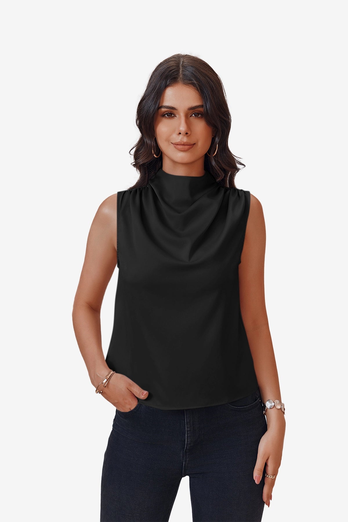 Womens Black Mock Neck Satin Tank Tops | CicyBell