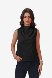 Womens Black Mock Neck Satin Tank Tops | CicyBell