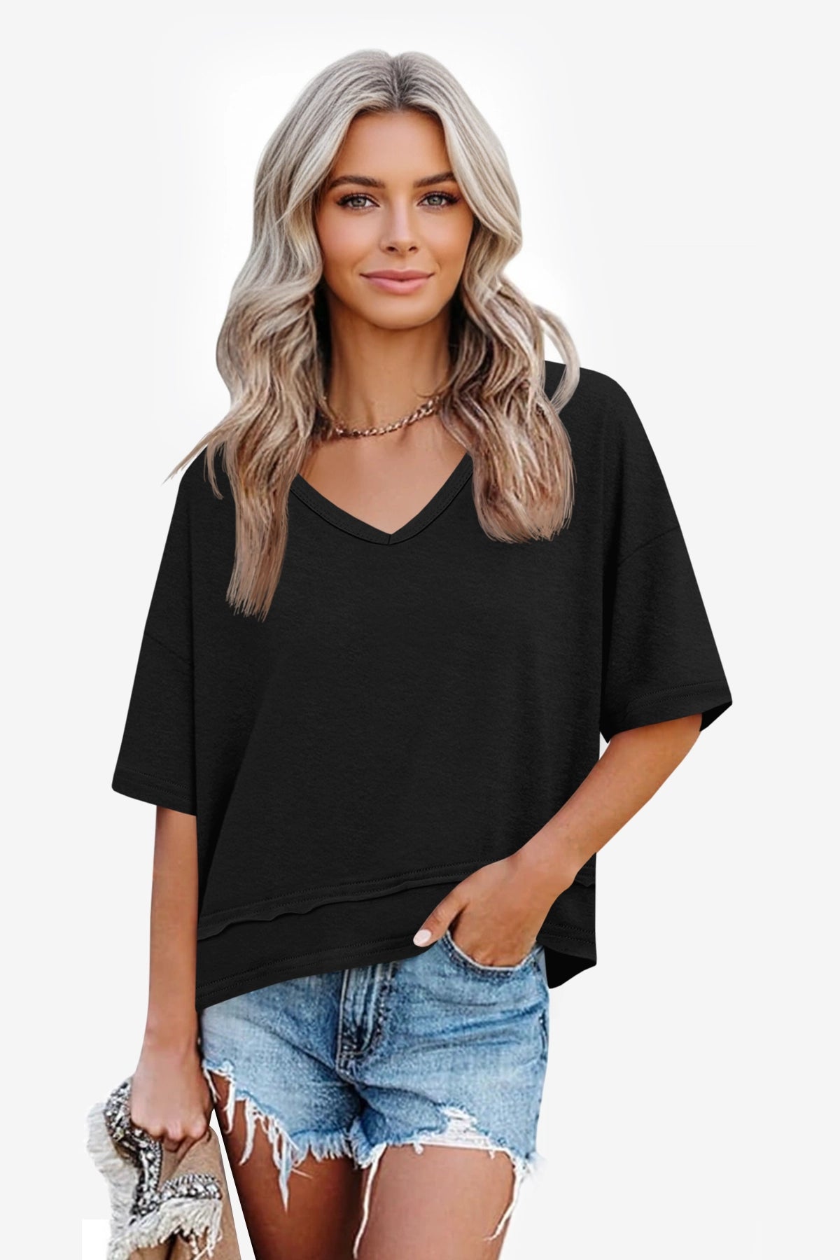 Womens  Black Summer V Neck T Shirts | CicyBell