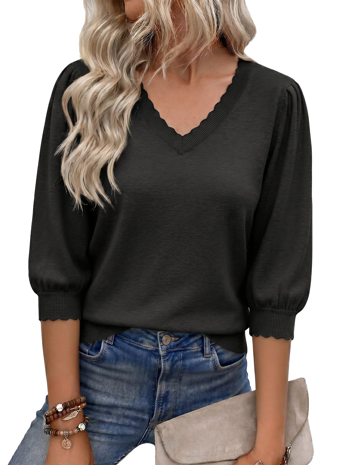 Women Black  3/4 Puff Sleeve Sweater Tops | CicyBell