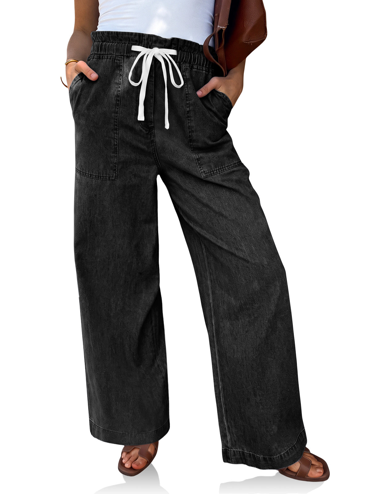 Womens Black Drawstring Wide Leg Jeans | CicyBell