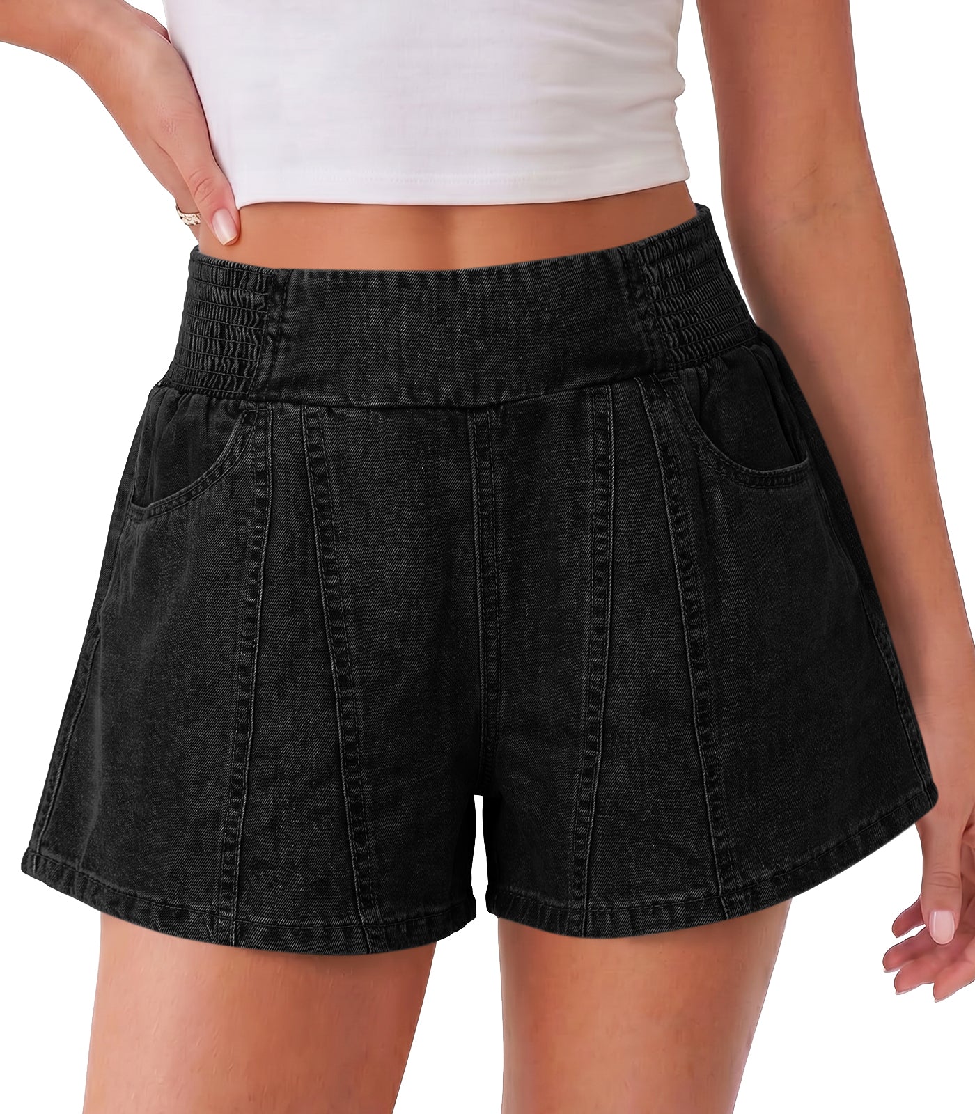 Womens Black Summer Pull on Jean Shorts| CicyBell