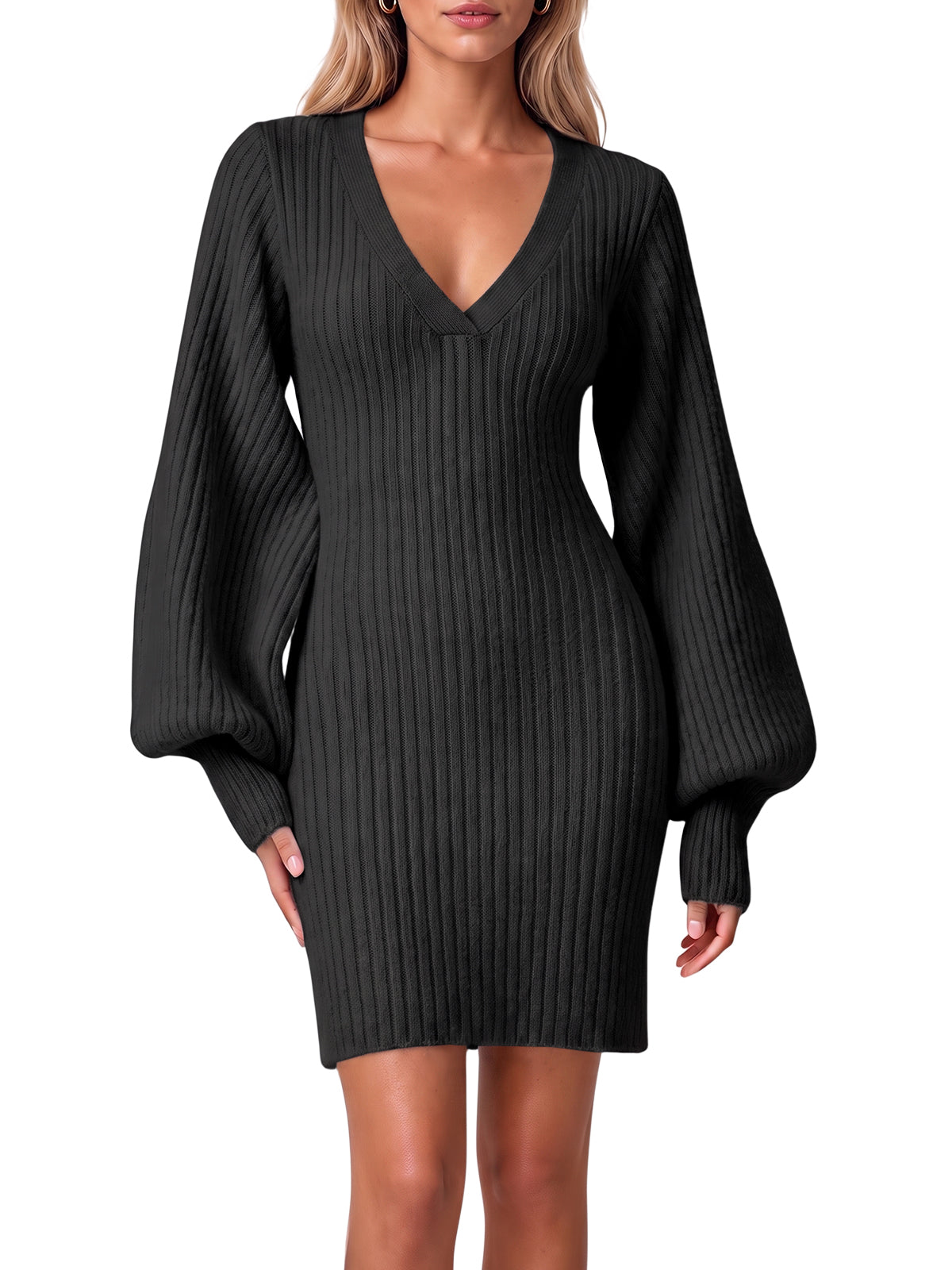 Women Puff Long Sleeve V Neck Knit Pullover Dress | Cicy Bell