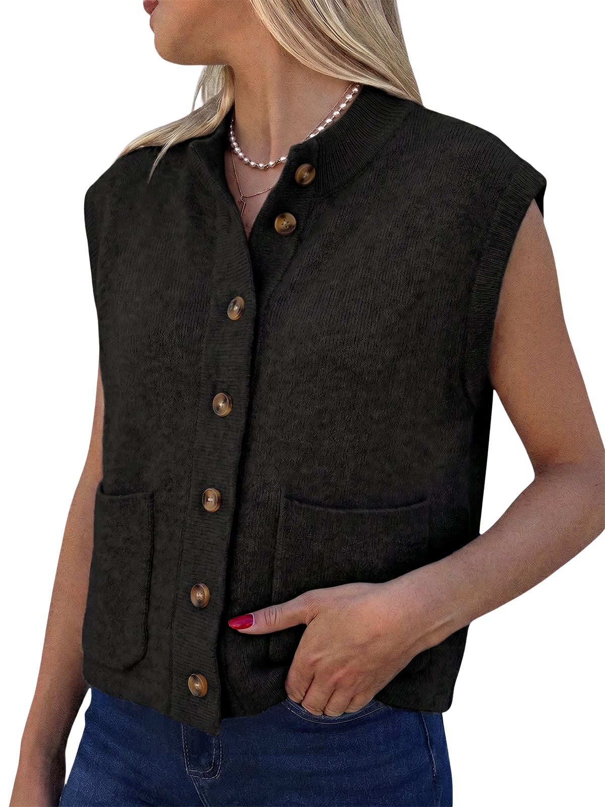 Women Black Cap Sleeve Sweater Vest | CicyBell