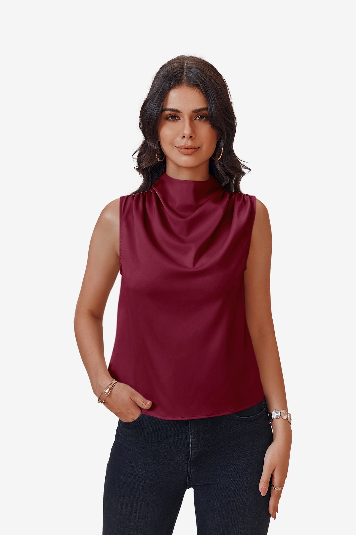 Womens Burgundy Mock Neck Satin Tank Tops | CicyBell