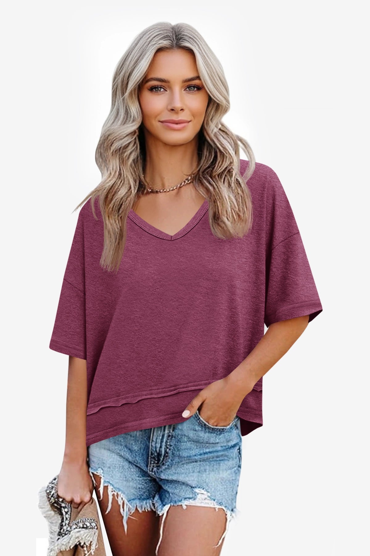 Womens Burgundy Summer V Neck T Shirts | CicyBell