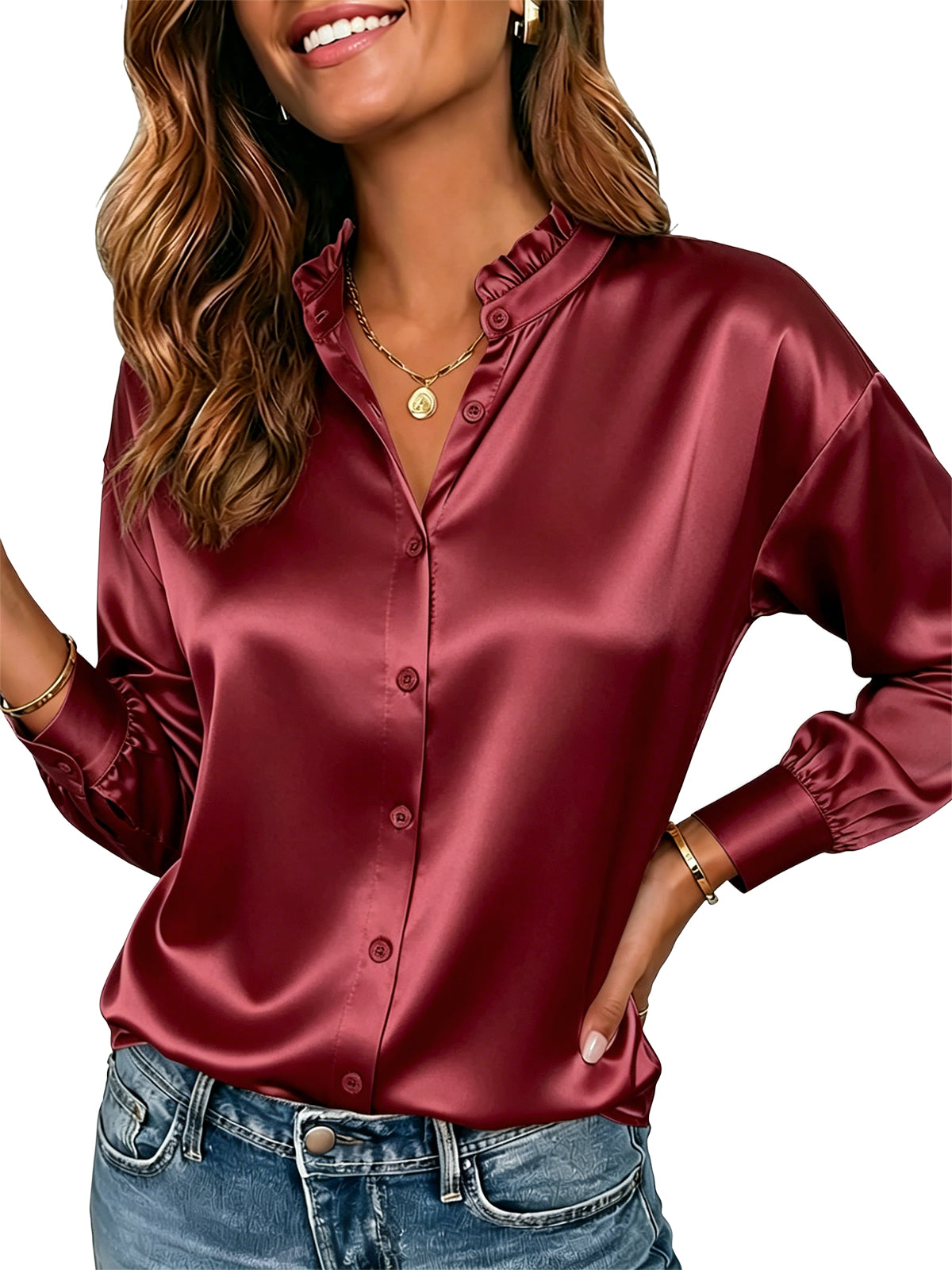 Womens Burgundy Ruffle Collar Satin Blouses | CicyBell