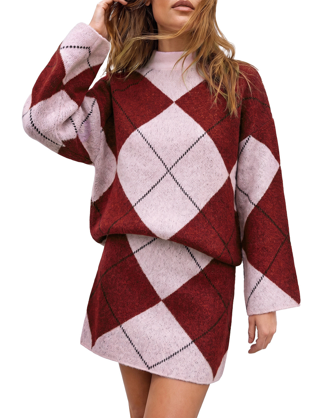 Womens Burgundy Argyle Sweater Mini Skirt Sets| CicyBell