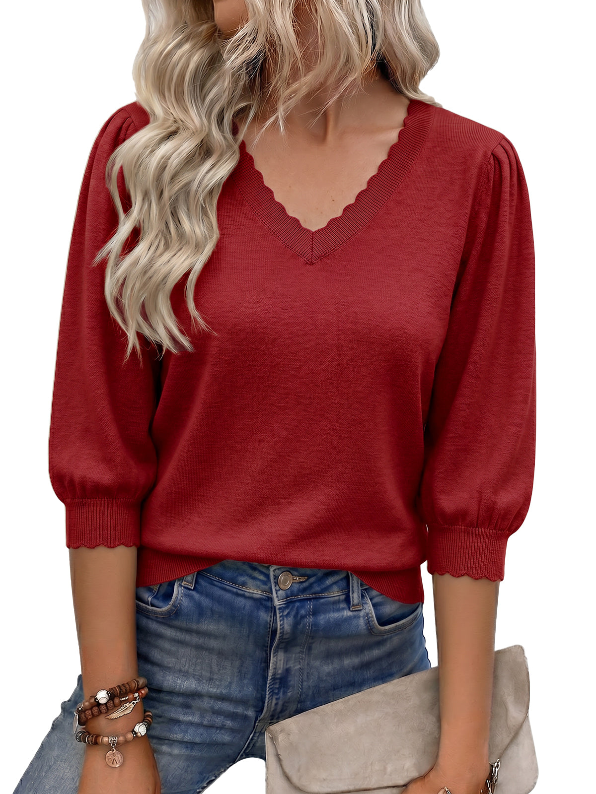 Women Burgundy  3/4 Puff Sleeve Sweater Tops | CicyBell