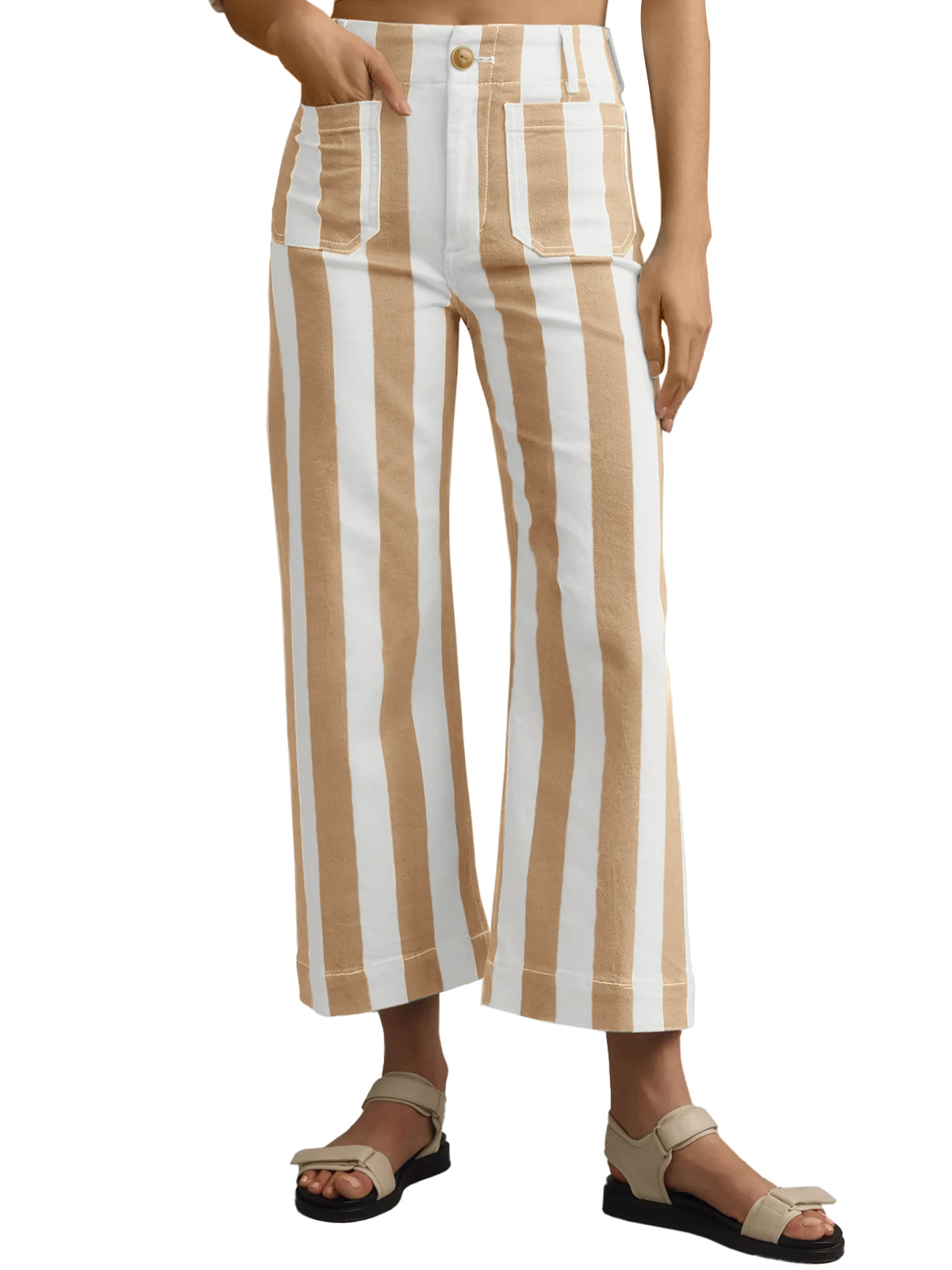 Womens Khaki Striped Wide Leg Jeans | CicyBell