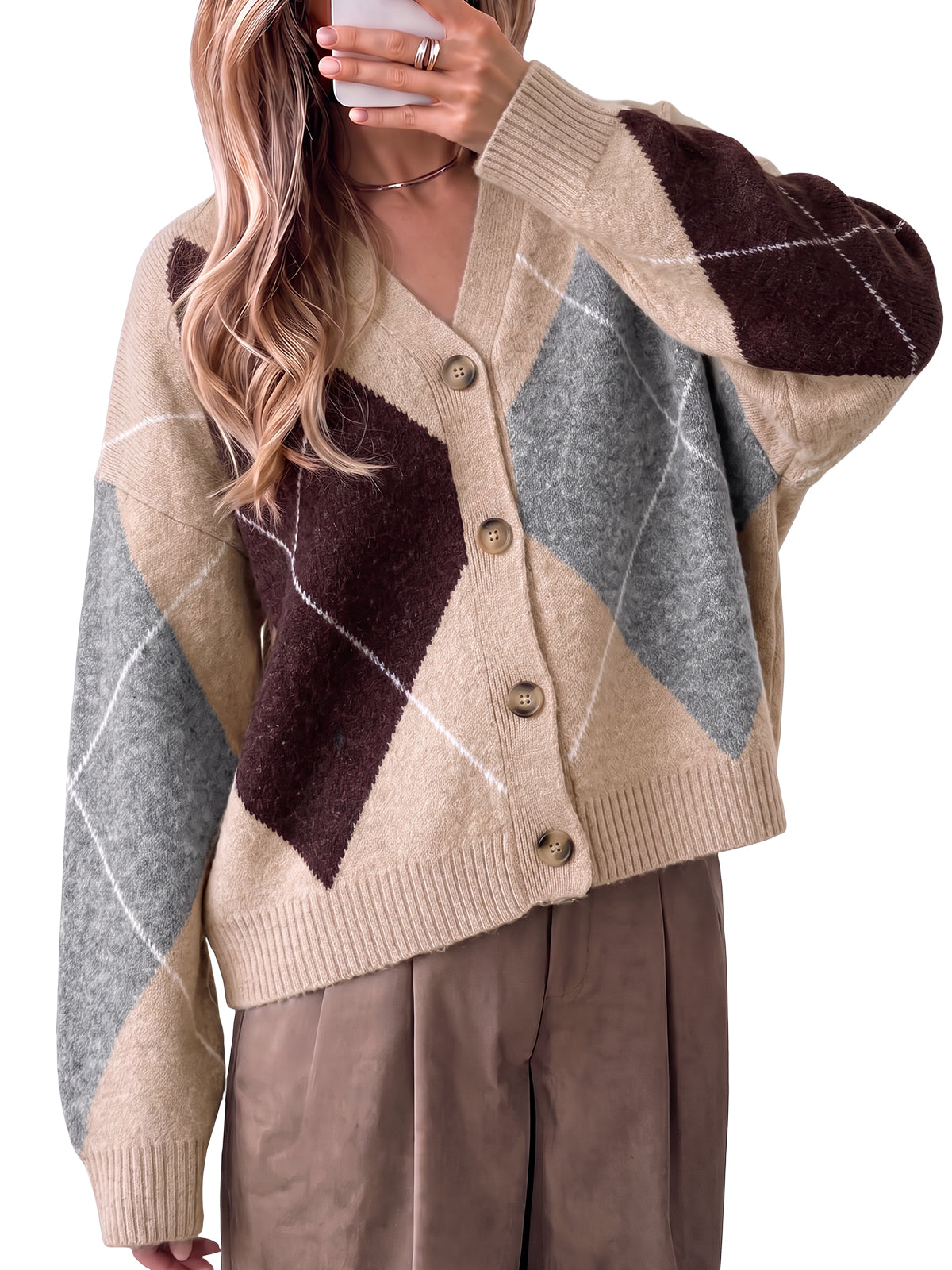 Women Khaki Plaid Color Block Cardigan | CicyBell