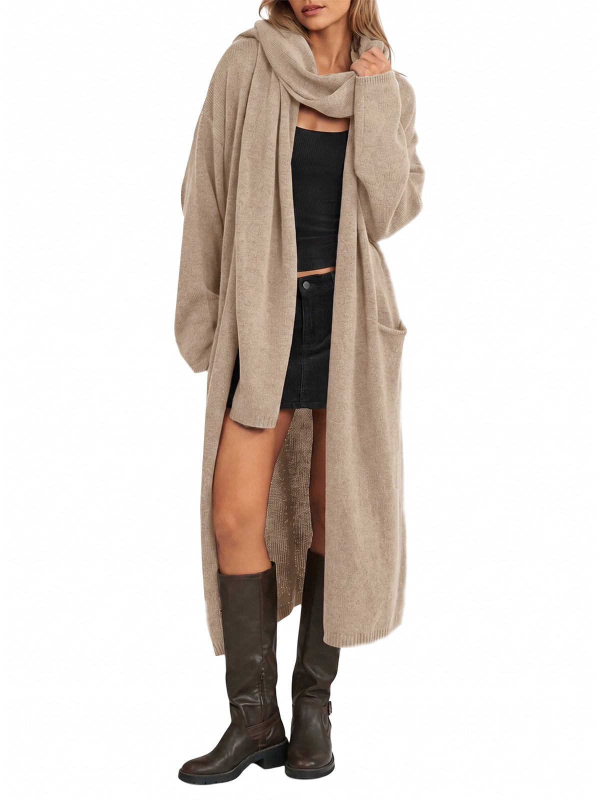 Womens Open Front Knit Sweater with Scarf | Cicy Bell