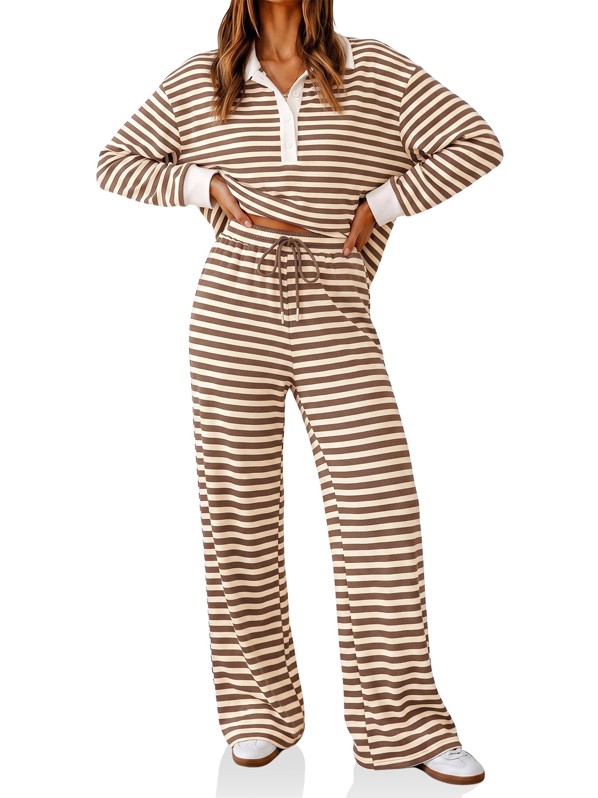 Womens Striped Polo Shirts Wide Leg Pants Sets | Cicy Bell