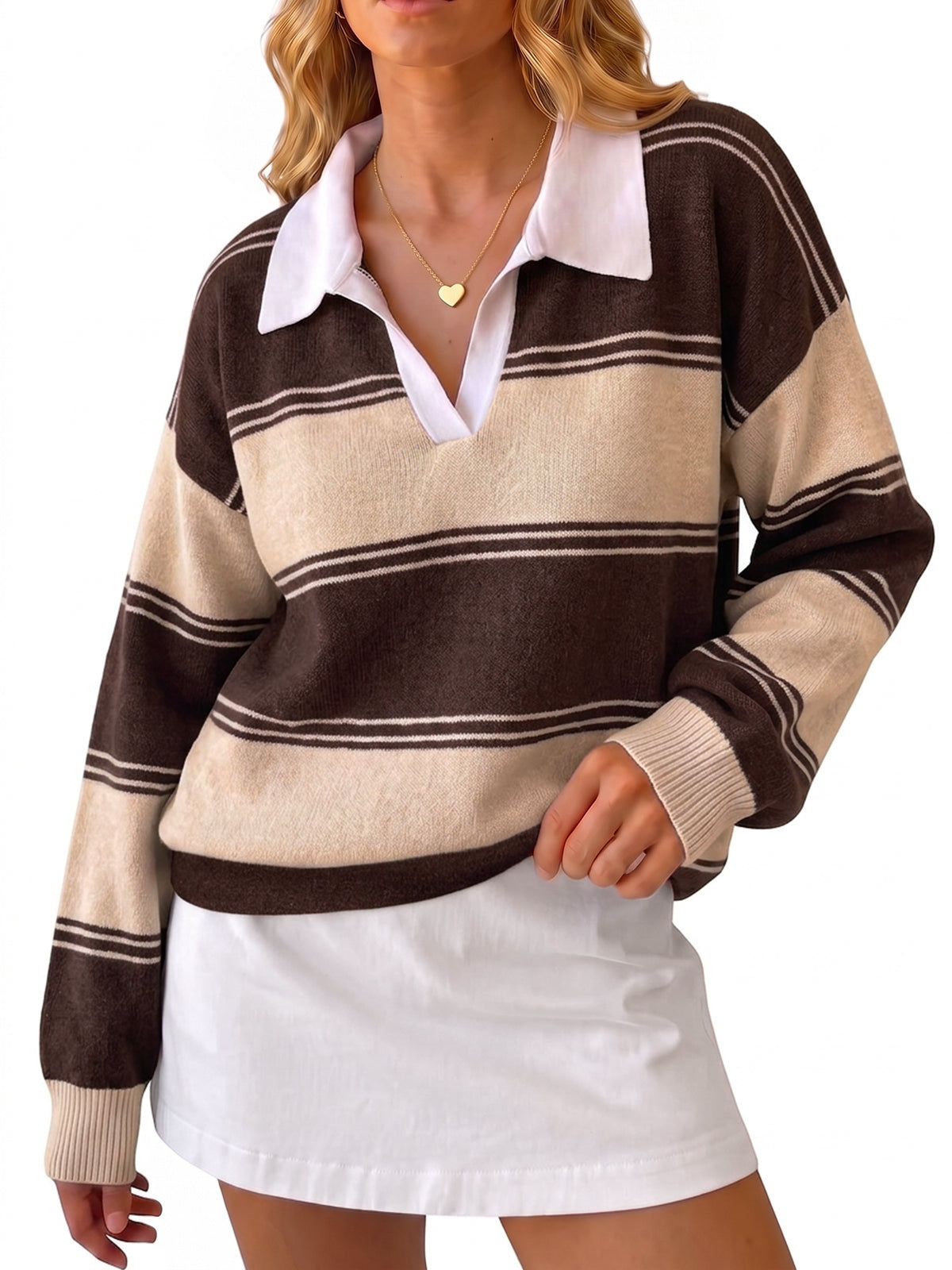 Womens Khaki Striped Sweaters | CicyBell