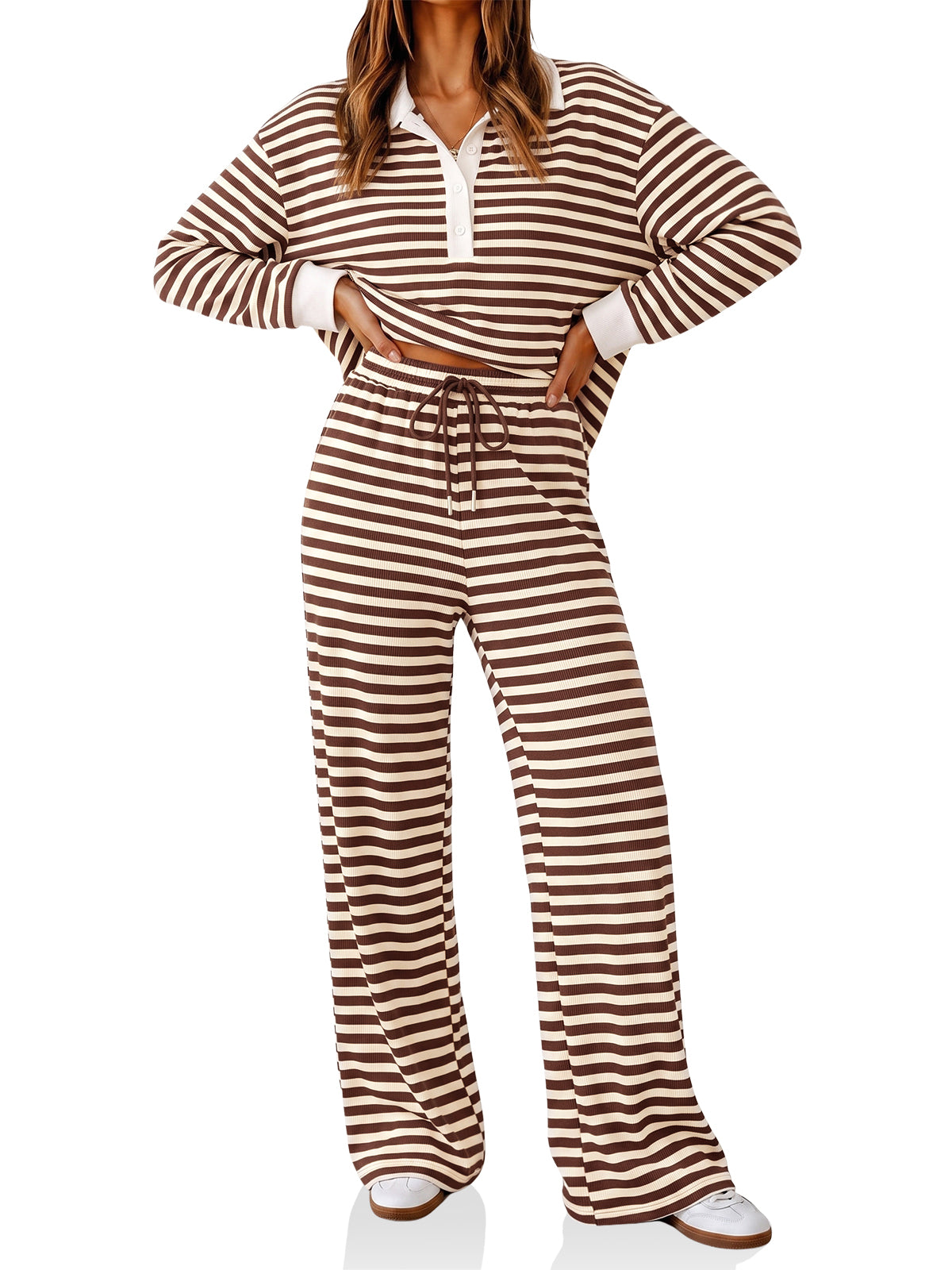 Womens Striped Polo Shirts Wide Leg Pants Sets | Cicy Bell