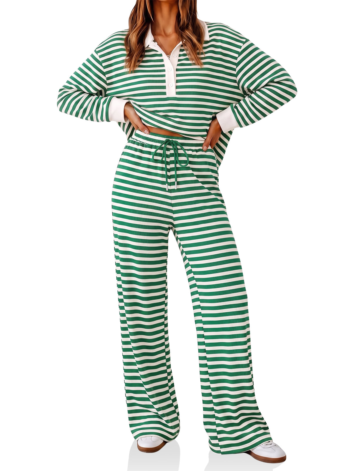 Womens Striped Polo Shirts Wide Leg Pants Sets | Cicy Bell