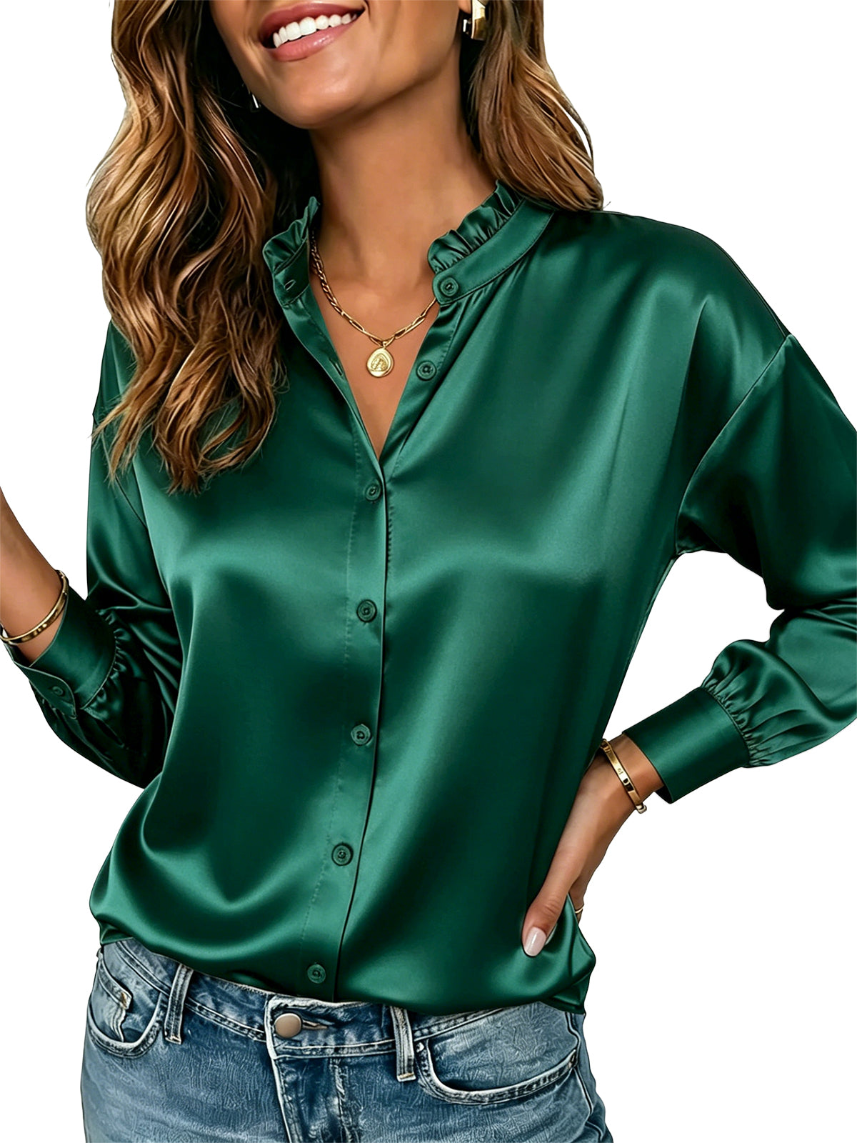 Womens Green Ruffle Collar Satin Blouses | CicyBell