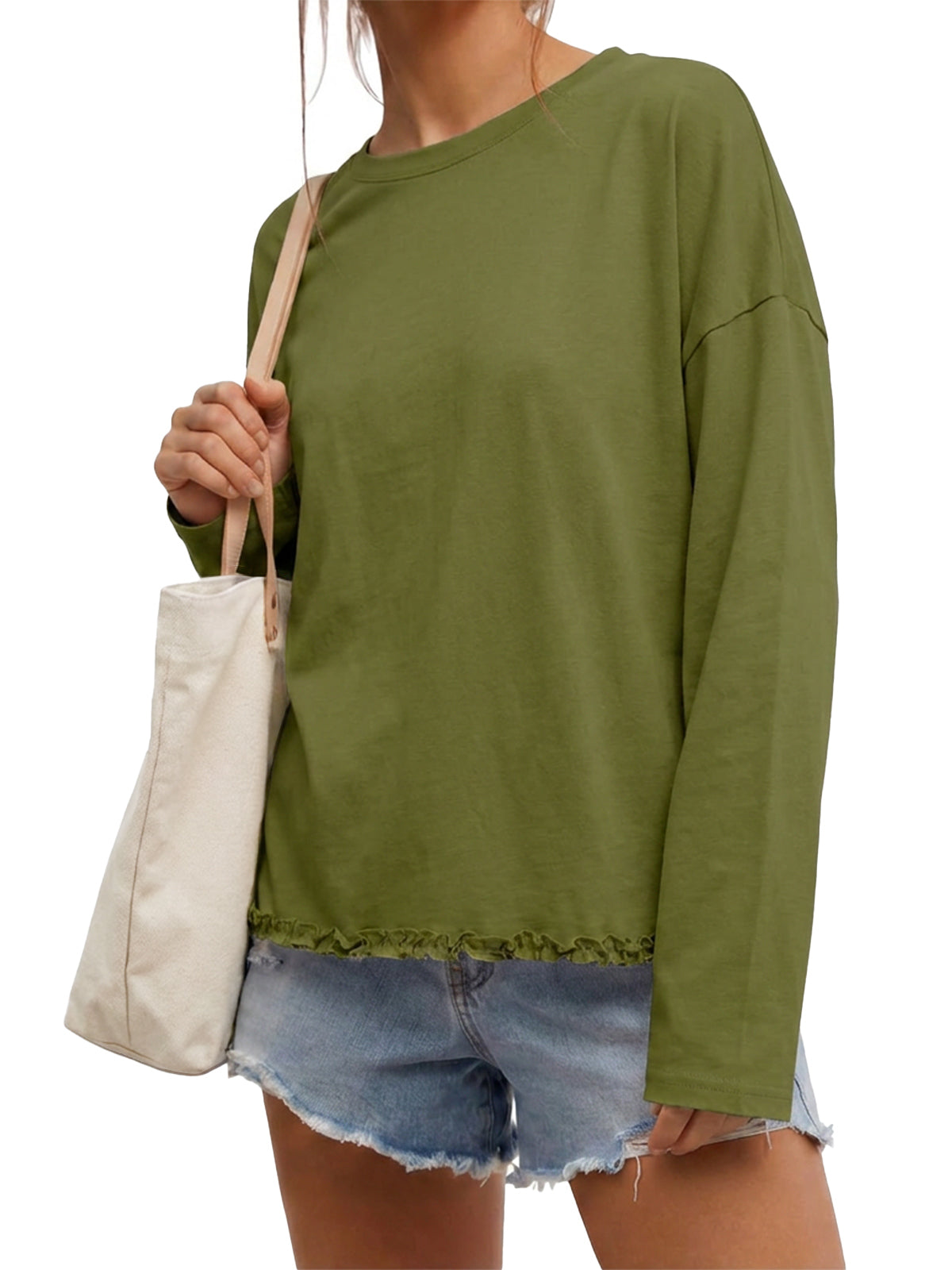Womens Army Green Oversized Ruffle Hem Tops | CicyBell