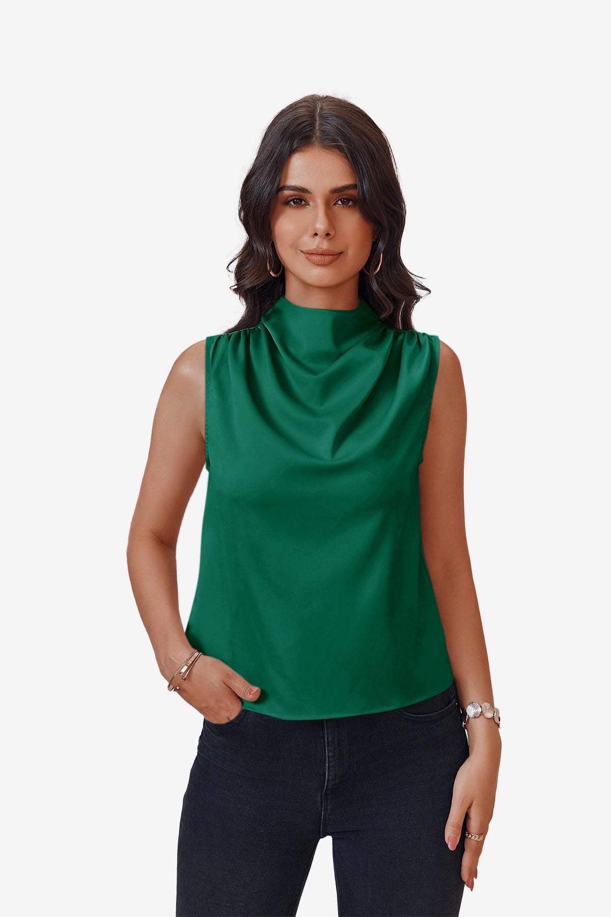 Womens Dark Green Mock Neck Satin Tank Tops | CicyBell