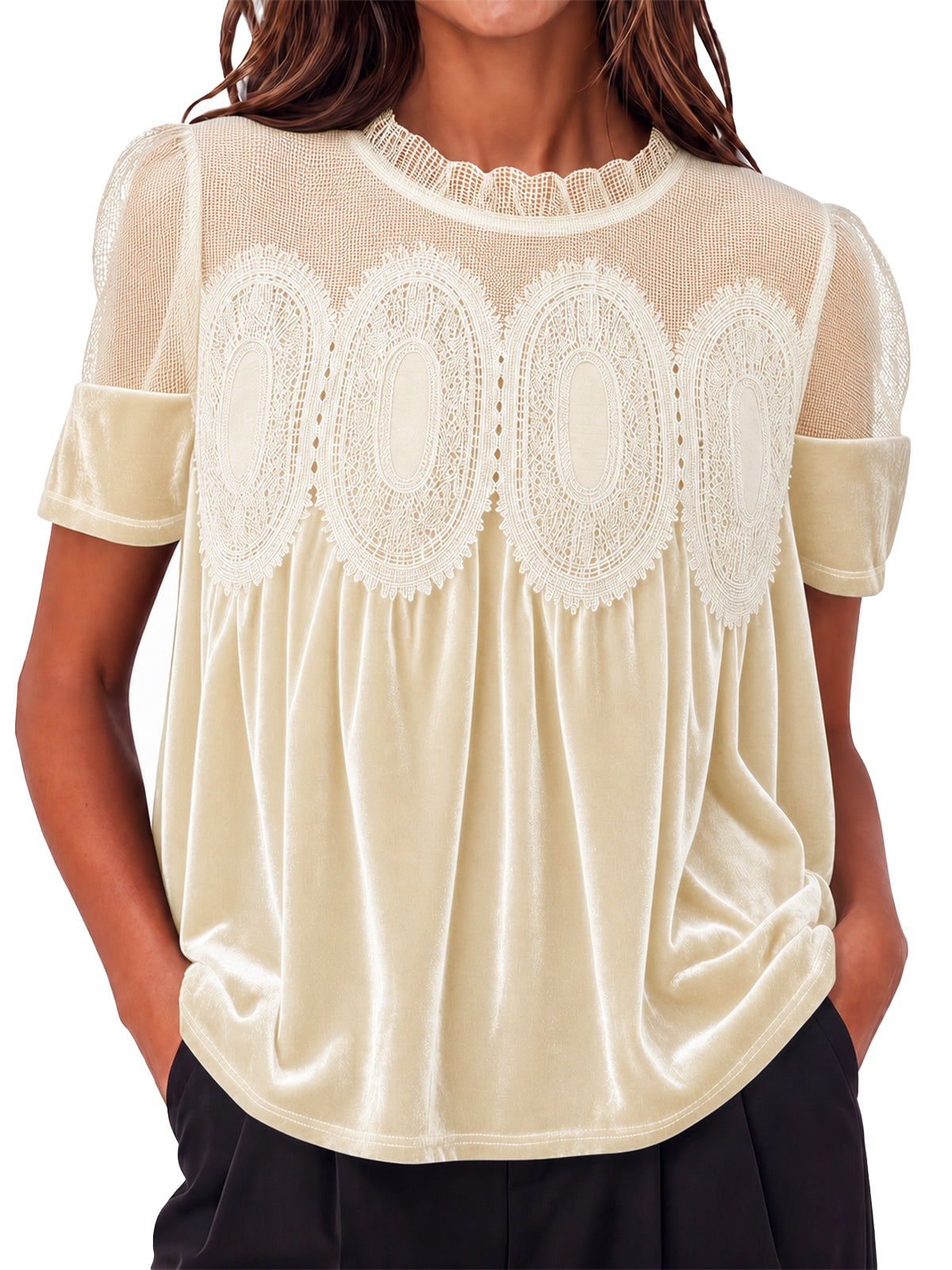 Womens Beige Velvet Lace Tops | CicyBell